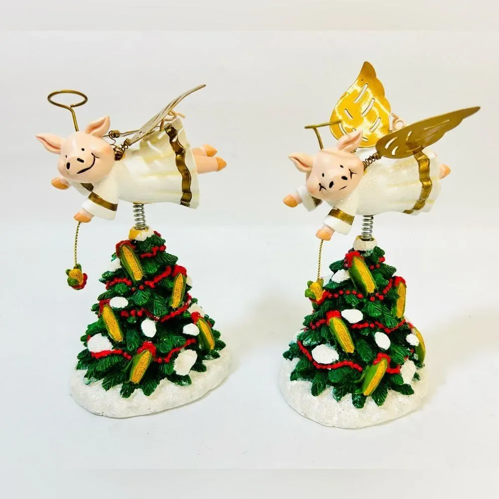 SET OF 2 Hand Painted Resin Christmas Tree with Piggy Angel Bobblehead Topper